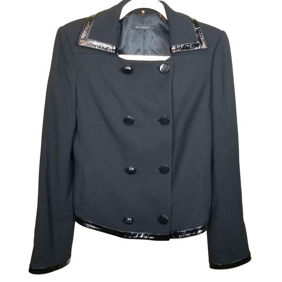 Elie Tahari Womens Virgin Wool Blazer Leather Trim Size 6 Classic Dark Academia - Picture 1 of 9
